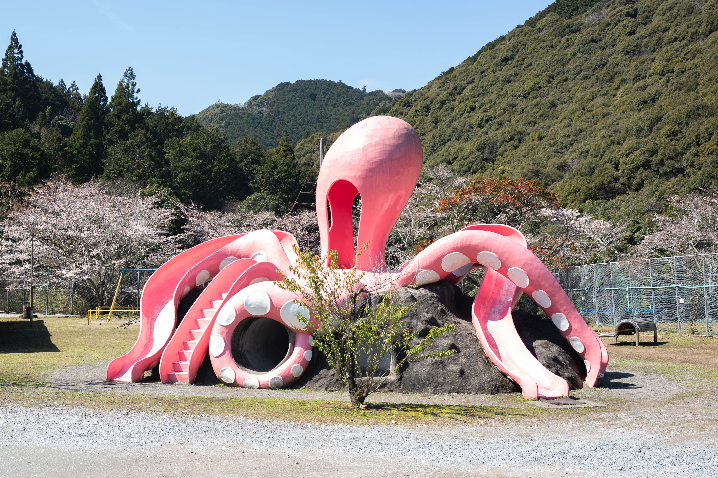 龍王公園｜春は桜が彩る、タコの滑り台が主役の公園